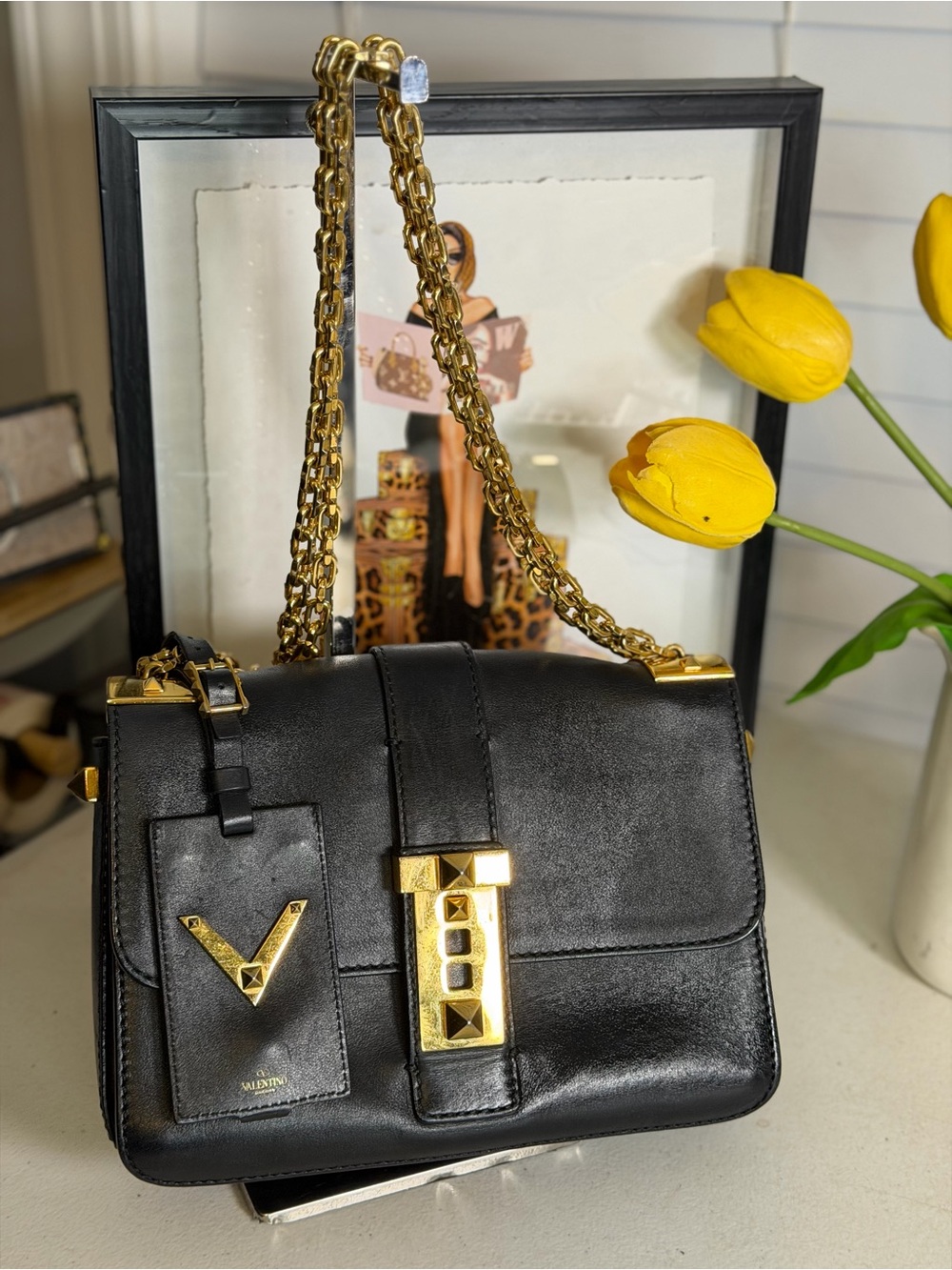 Valentino Garavani Small B-Rockstud Shoulder Bag Black Leather Gold Chain